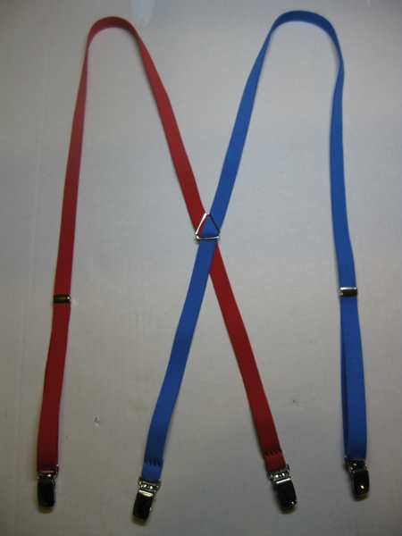 1/2" wide "X" Style. School or Team Colors  SIZES:  Toddlers thru Adults.  (25"- 54" long) All Straps are stretchable Cotton/Polyester Hand Washable-Hang to Dry Material with 2 CHROME adjusters in front,and one in the back, With 4 Strong 1/2" x 1" CHROME GRIPS with Nylon Teeth.     X-PI760NDUAL-C3B